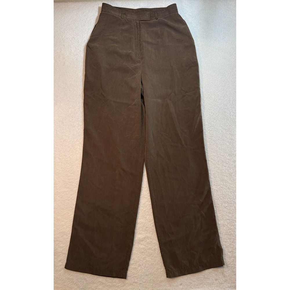 Go by Go Silk Brown 100% Silk Wide Leg Trousers High Rise Pants Size 8